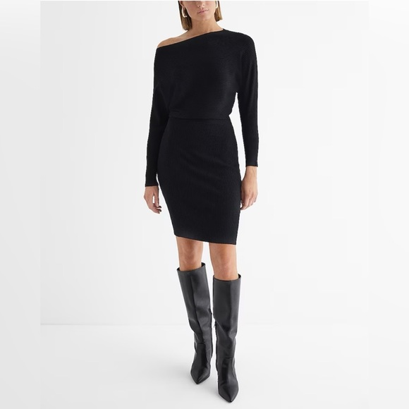 Express Ribbed Off The Shoulder Long Sleeve Mini Sweater Dress - Picture 1 of 3